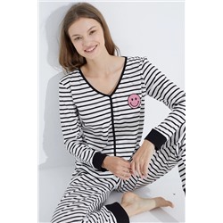 Siyah İnci siyah beyaz çizgili Nakışlı Jogger Örme Pijama Takım 7706