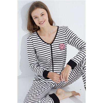 Siyah İnci siyah beyaz çizgili Nakışlı Jogger Örme Pijama Takım 7706