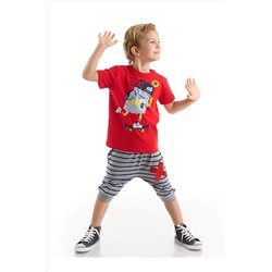 Denokids Hi Kaykay Erkek Çocuk Kırmızı T-shirt Çizgili Gri Kapri Şort Takım CFF-22Y1-089