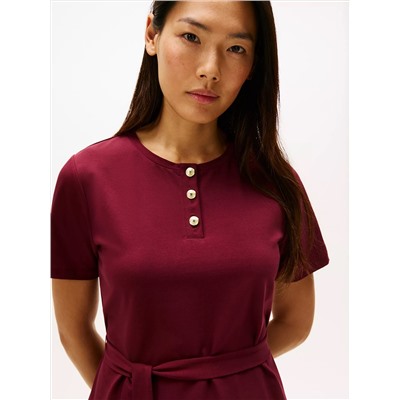 Gold-Button Belted T-Shirt Dress