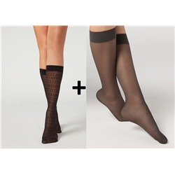 Kniestrümpfe mit modischem Muster + Kniestrümpfe 20 Denier mit Komfortbündchen (ассорти)