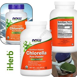 IHer*b 🇨🇳  NOW Foods, сертифицированная органическая хлорелла, чистый порошок 453 г