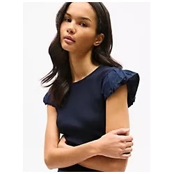Mixed Media Shirred Cap-Sleeve T-Shirt