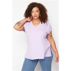Lila V Yaka Yırtmaçlı Basic Örme T-Shirt TBBSS22BF0036