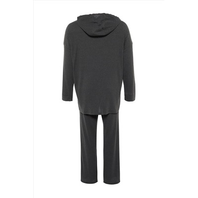 Antrasit Kapüşonlu Yaka Relaxed Fit Örme Kaşkorse Büyük Beden Alt-Üst Takım TBBAW23CP00016