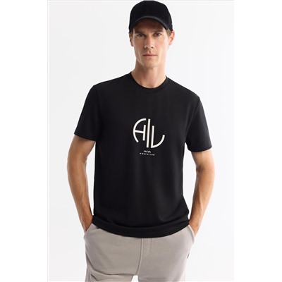 Siyah Bisiklet Yaka Elastan İnterlok T-Shirt
