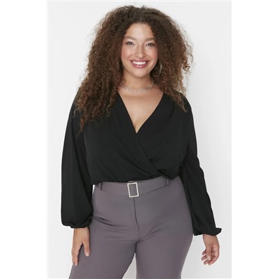 Siyah Balon Kol Kruvaze Yaka Örme Crop Bluz TBBAW23AF00029