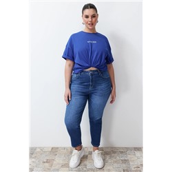 Saks Slogan Baskılı Oversize %100 Pamuk Örme Büyük Beden T-shirt TBBSS24BF00018
