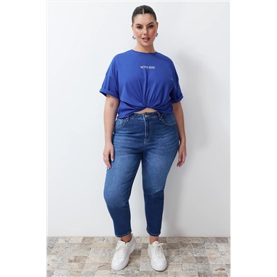 Saks Slogan Baskılı Oversize %100 Pamuk Örme Büyük Beden T-shirt TBBSS24BF00018