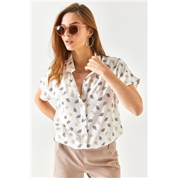 Olalook Kadın Yaprak Camel Yarasa Desenli Dokuma Viskon Gömlek GML-19001131
