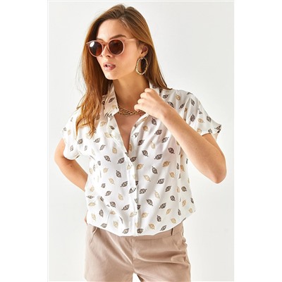 Olalook Kadın Yaprak Camel Yarasa Desenli Dokuma Viskon Gömlek GML-19001131