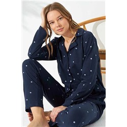 Siyah İnci Lacivert Puan Desen Uzun Kollu Pamuklu Düğmeli Pijama Takımı 7611