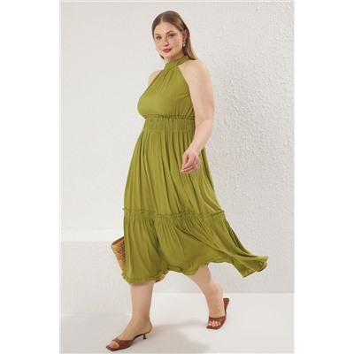 Haki Halter Yaka Dokuma Elbise TBBSS23AH00207