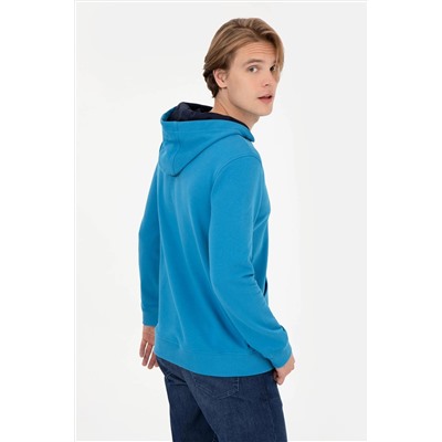 Erkek Kobalt Kapüşonlu Basic Sweatshirt
