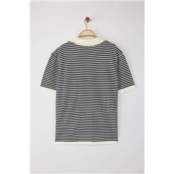 Siyah-Krem Polo Yaka Çizgili Triko Bluz TBBSS25AF00115