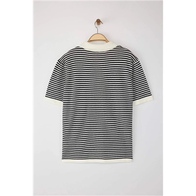 Siyah-Krem Polo Yaka Çizgili Triko Bluz TBBSS25AF00115