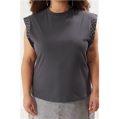 Antrasit Bisiklet Yaka Troklu %100 Pamuk Örme Büyük Beden T-shirt TBBSS25BF00010