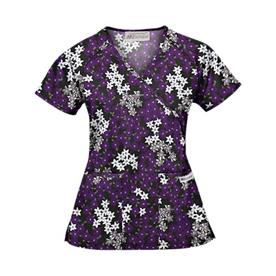 UA Vibrant Blossoms Black Mock Wrap Scrub Top