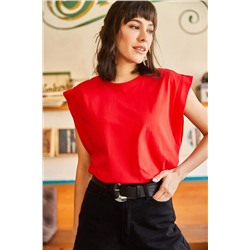 Olalook, Kadın Kırmızı Koltuk Altı Parçalı Yarasa Tişört TSH-19000330