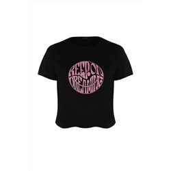 Siyah Regular Slogan Baskılı Crop Boy %100 Pamuk Örme Büyük Beden T-shirt TBBSS23BF00069