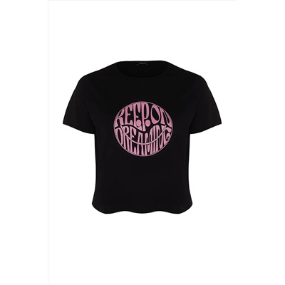 Siyah Regular Slogan Baskılı Crop Boy %100 Pamuk Örme Büyük Beden T-shirt TBBSS23BF00069