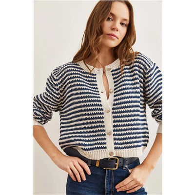 Olalook, Kadın İndigo Düğmeli Çizgili Crop Triko Hırka HRK-19000303