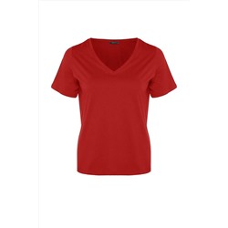 Kırmızı V Yaka Basic %100 Pamuk Örme T-Shirt TBBSS22BF0028
