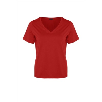 Kırmızı V Yaka Basic %100 Pamuk Örme T-Shirt TBBSS22BF0028