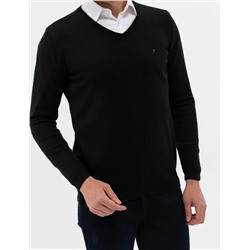 Siyah Slim Fit V Yaka Basic Triko Kazak