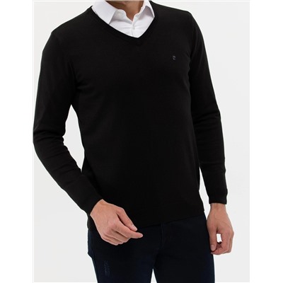 Siyah Slim Fit V Yaka Basic Triko Kazak