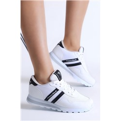 Tonny Black Unisex Beyaz Siyah Nefes Alabilen Kumaş Şeritli Bağcıklı Spor Ayakkabı TBPS010