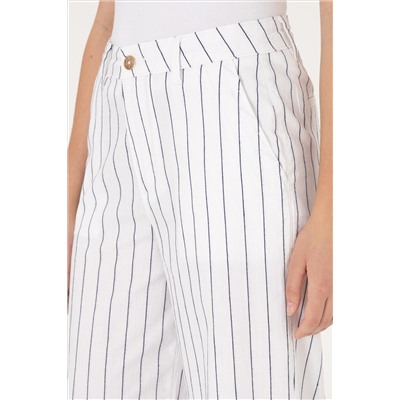 Kadın Beyaz Çizgili Loose Fit Kanvas Pantolon
