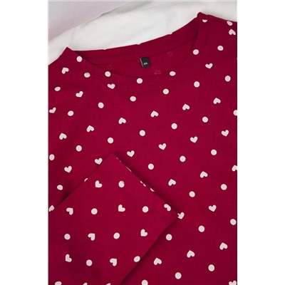 Bordo Kalp ve Puantiye Desenli Örme Pijama Takımı TBBAW25AI00065
