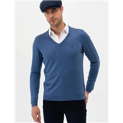 İndigo Melanj Slim Fit V Yaka Basic Triko Kazak
