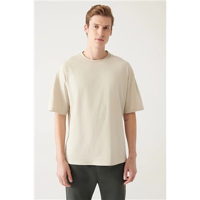 Avva Erkek Bej Oversize Bisiklet Yaka %100 Pamuk T-shirt E001032