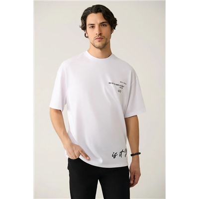Avva, Erkek Beyaz %100 Pamuk Bisiklet Yaka Baskılı Pamuklu T-shirt A41y1355