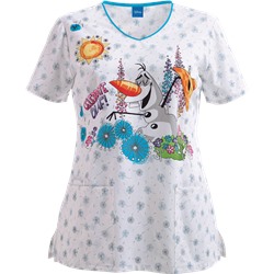 Cherokee Tooniforms Scrubs Celebrate Olaf Print Top