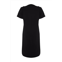 Siyah Nakış Detaylı Örme Maxi/Uzun %100 Pamuk T-shirt Elbise TBBSS24AH00084
