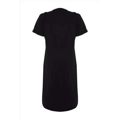 Siyah Nakış Detaylı Örme Maxi/Uzun %100 Pamuk T-shirt Elbise TBBSS24AH00084