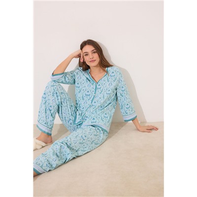 Pijama largo 100% algodón verde estampado flores