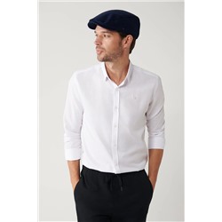 Avva Erkek Beyaz Alttan Britli Yaka Pamuk Karışımlı Armürlü Slim Fit Gömlek A32Y2056