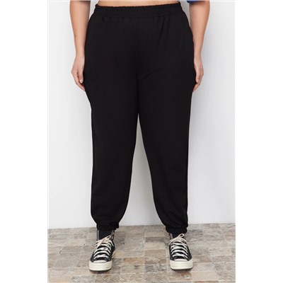 Siyah Loose Jogger İnce Paçası Lastikli Esnek Bel Örme Büyük Beden Eşofman Altı TBBAW23AJ00002