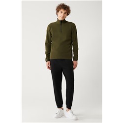 Haki Dik Yaka Soğuğa Dayanıklı Yarım Fermuarlı Regular Fit Standart Kesim Polar Sweatshirt