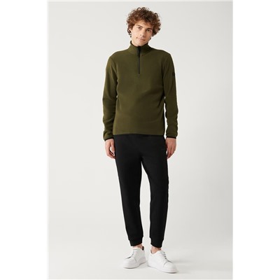 Haki Dik Yaka Soğuğa Dayanıklı Yarım Fermuarlı Regular Fit Standart Kesim Polar Sweatshirt