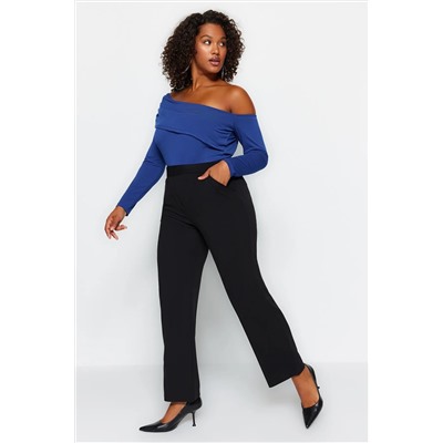 Siyah Straight Fit Yüksek Bel Krep Örme Büyük Beden Pantolon TBBAW24AR00008