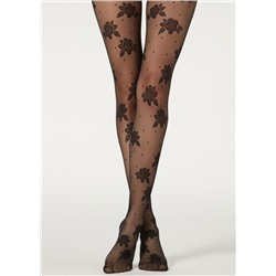 Strumpfhose aus Tüll 40 Denier mit Punkten und Rosen