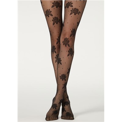 Strumpfhose aus Tüll 40 Denier mit Punkten und Rosen