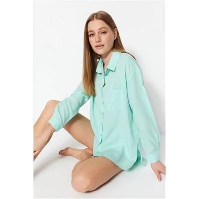 TRENDYOLMİLLA Mint Pamuklu Gömlek-Şort Dokuma Pijama Takımı THMSS23PT00130