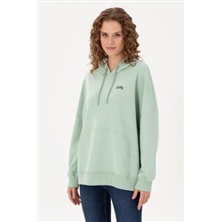 Kadın Su Yeşili Kapüşonlu Basic Sweatshirt