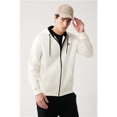 Avva Erkek Beyaz Kapüşonlu Yaka Içi Polarlı 3 Iplik Fermuarlı Standart Fit Normal Kesim Unisex Sweatshirt E001019